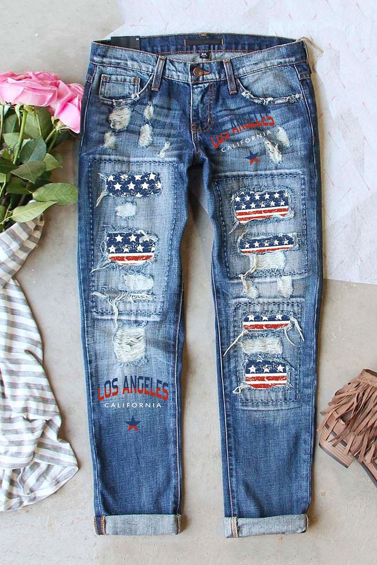 Los Ángeles Patriotic American Flag Button Pocket Ripped Jeans
