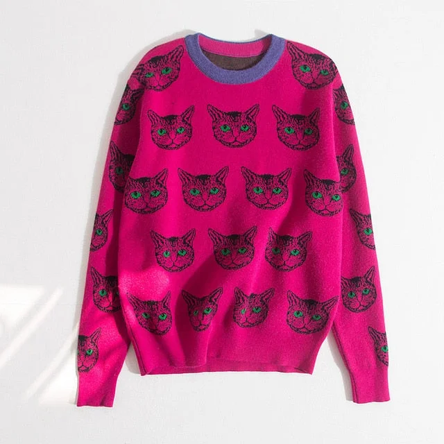 Runway Designer Cat Print Knitted Sweater