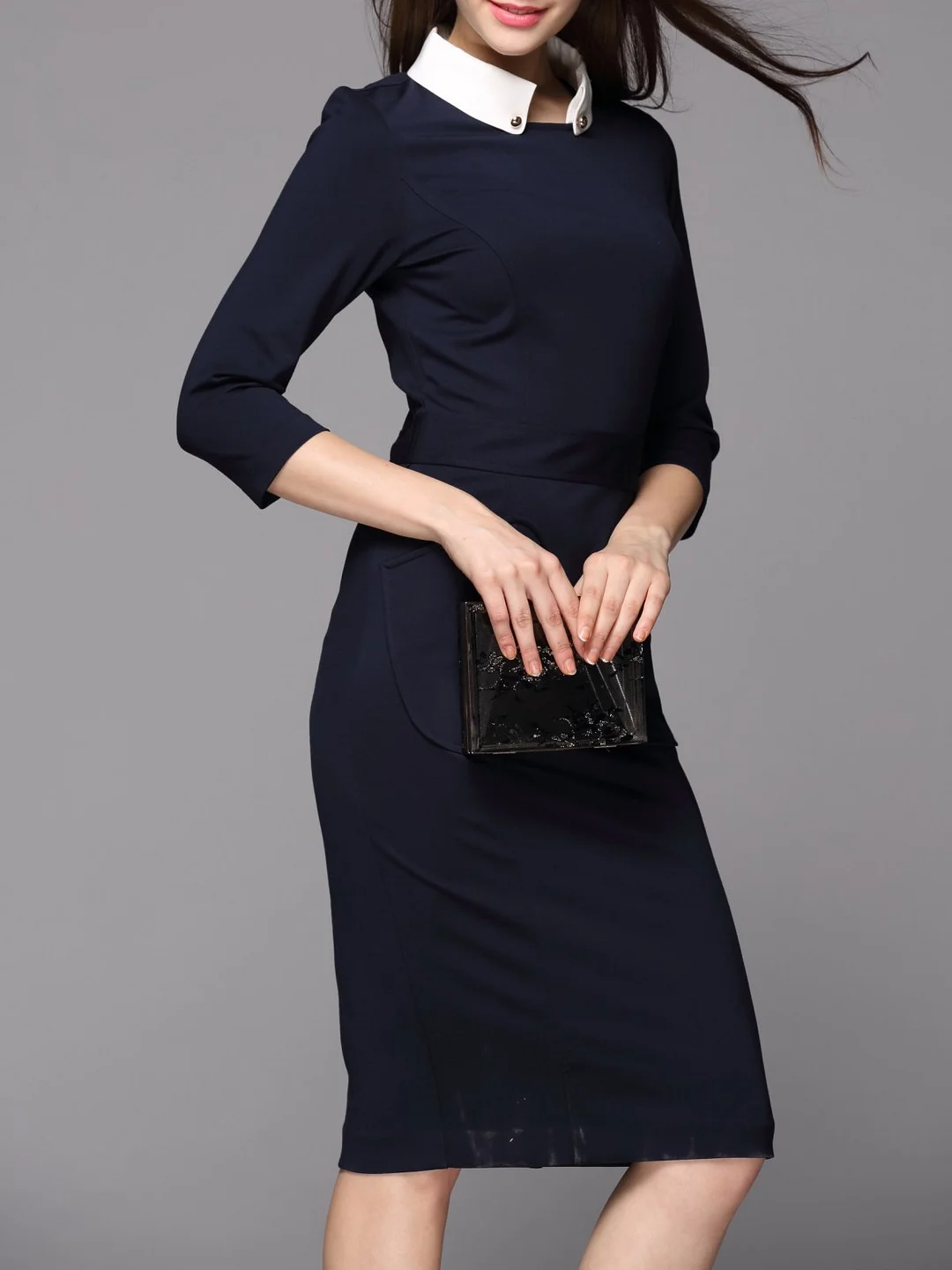 Stand Collar Midi Dress Sheath Daytime 3/4 Sleeve Pockets Dress