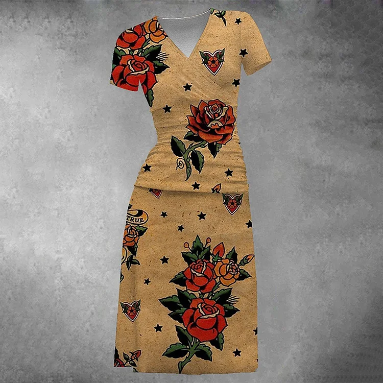 Vintage Rose Print V-Neck Short Sleeved Midi Dress