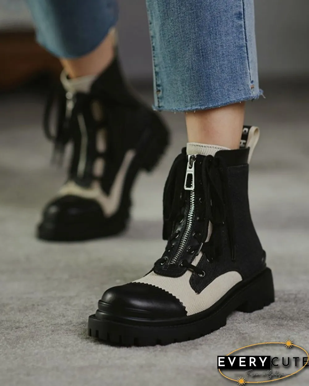 Color Patchwork Round-toe Lace-up Boots