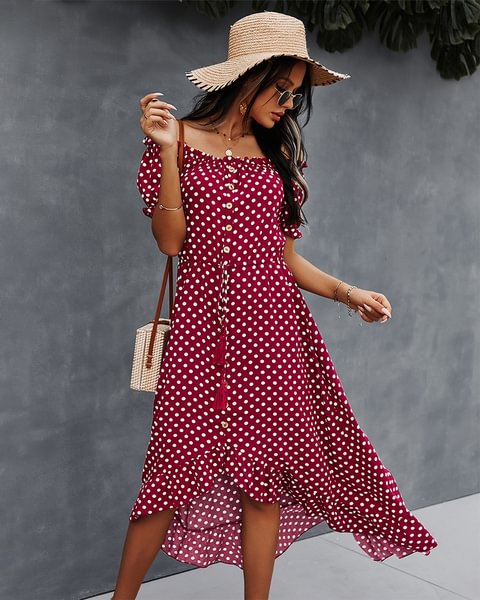 New Ladies Dot Polka Print Dress Women Tassel Button Off The Shoulder Dress For Woman Sexy Slash Neck Spring Summer Dress - Life is Beautiful for You - SheChoic