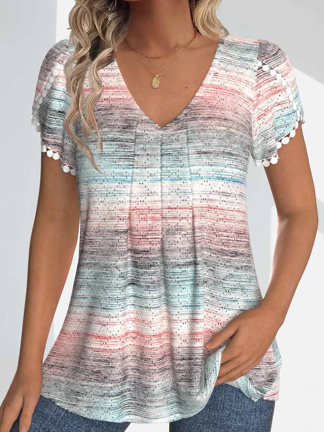Women Short Sleeve V-neck Striped Colorblock Tassels Tops