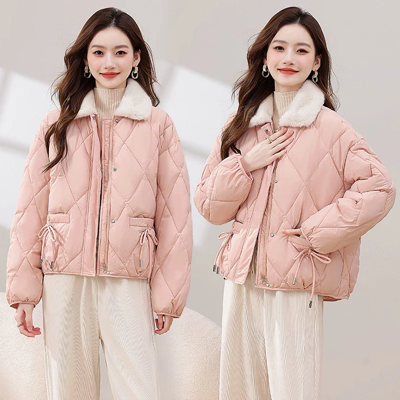 Woherb Foreign Style Cotton-Padded Clothes Women 2024 New Winter New Chinese Cotton-Padded Jacket Bow Splicing Wool Collar Thick Coat Women's Clothing-Outfit Ideas