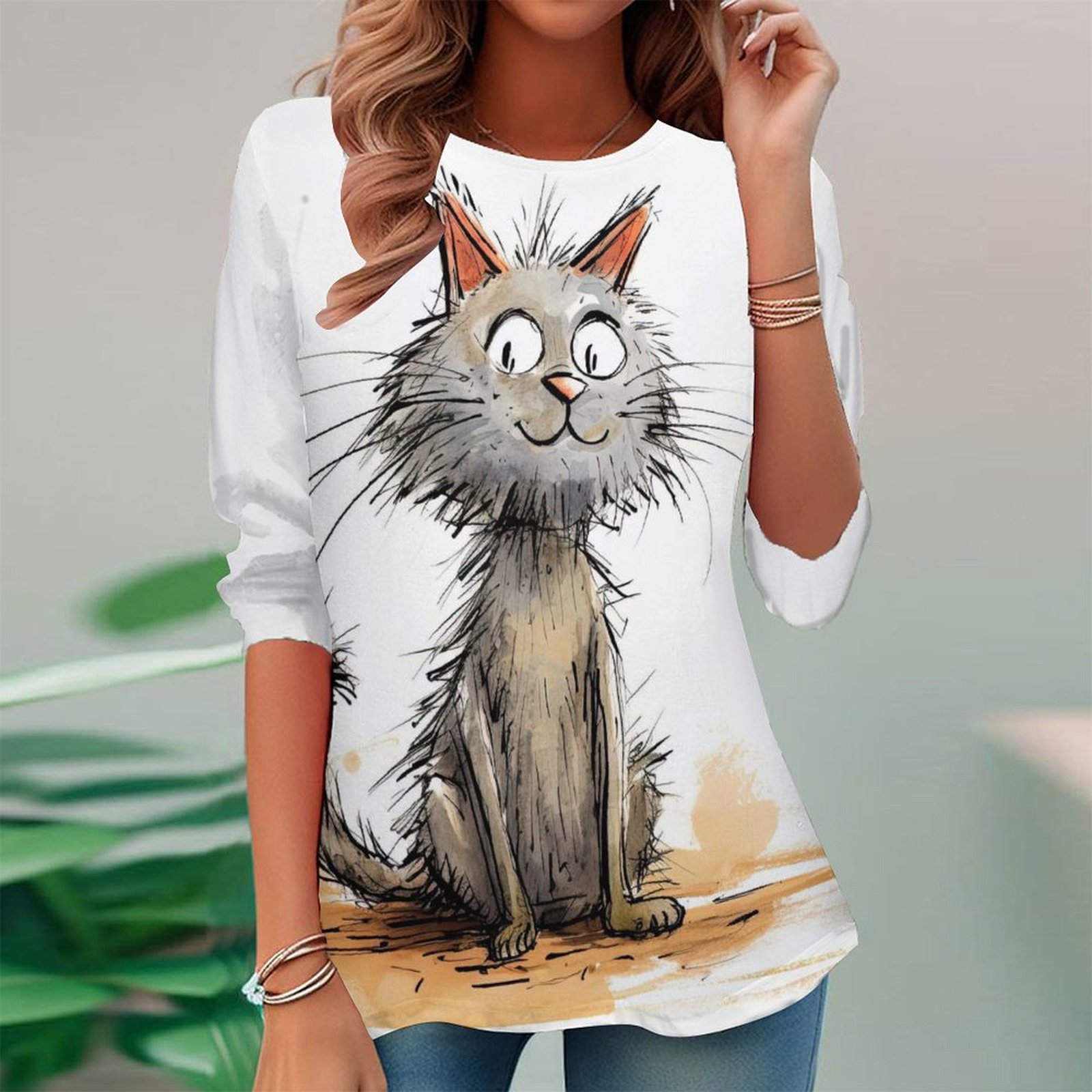 Women Long Sleeve V-neck Graphic Floral Printed Top