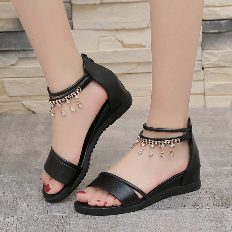 Wongn Wongn New Sandal Women Summer Flat Low Heel Women's Shoes Wedge Heel Open Toe Casual Korean Version Of Rear Zipper Sandals Women