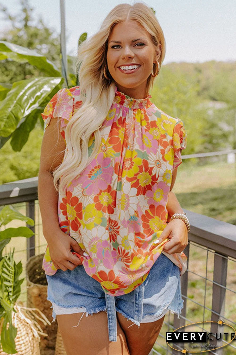 Multicolor Plus Size Mock Neck Ruffle Sleeve Floral Blouse