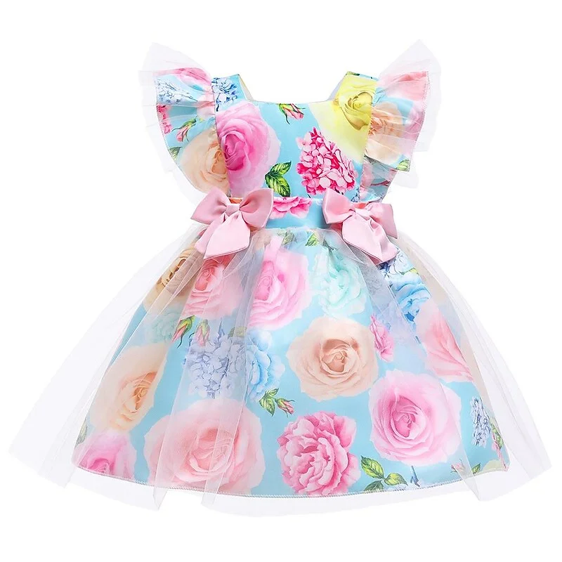 Toddler Girls' Party Dress Graphic Tulle Dress Knee-length Dress Performance Tie Knot Square Collar Sleeveless Adorable Dress 3-7 Years Spring Pink Red Light Blue