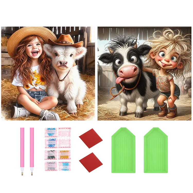 2Pcs Farm Child - Full Round Drill Diamond Painting - 30*30CM(Canvas)