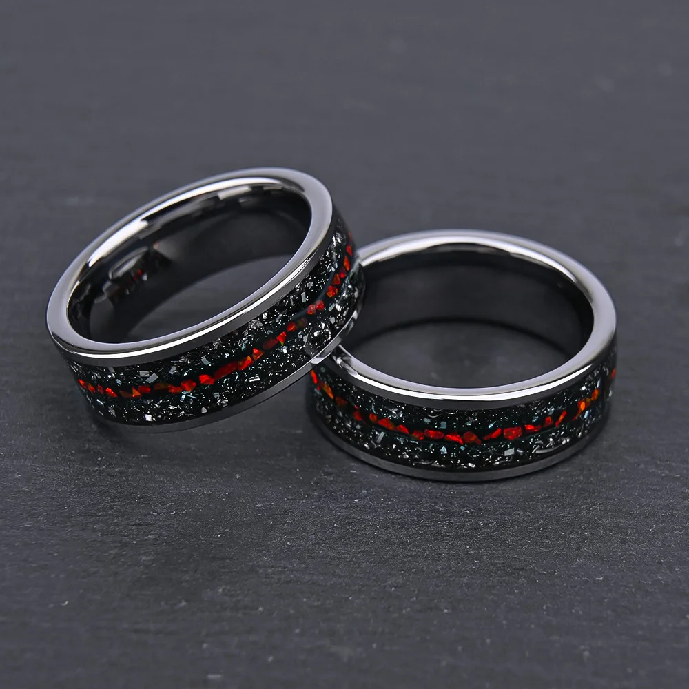 8MM Black Tungsten Carbide Rings Flat-set Meteorite Red Orbale Tungsten Wedding Bands For Women and Men