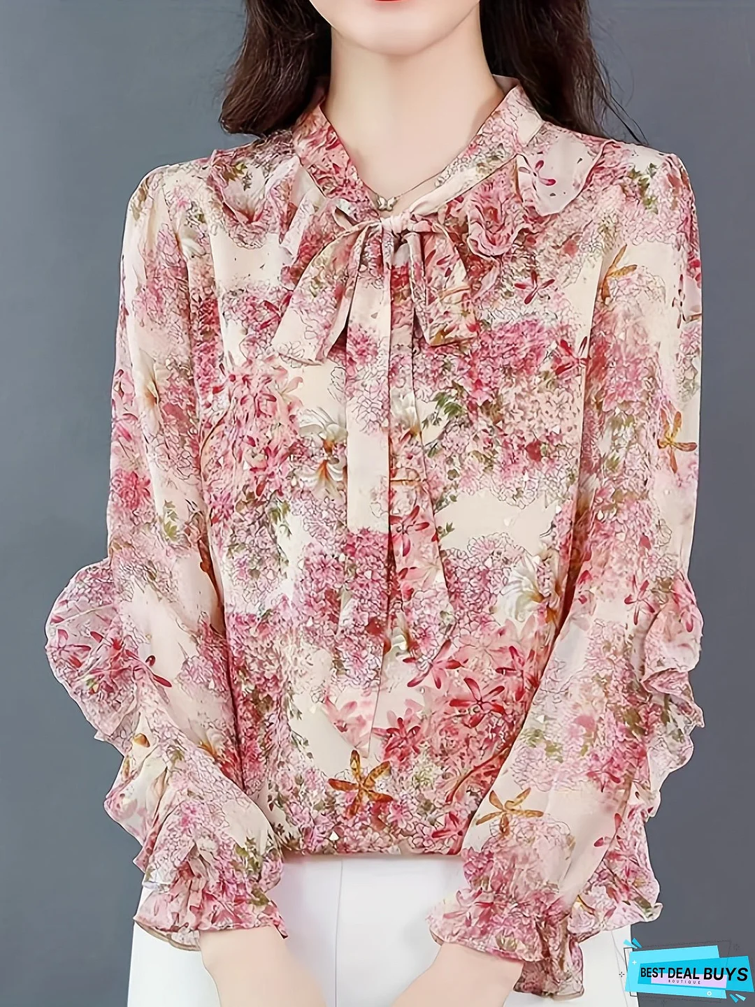 Floral Print Ruffle Trim Blouse, Elegant Tie Neck Long Sleeve Blouse For Spring & Fall, Women's Clothing