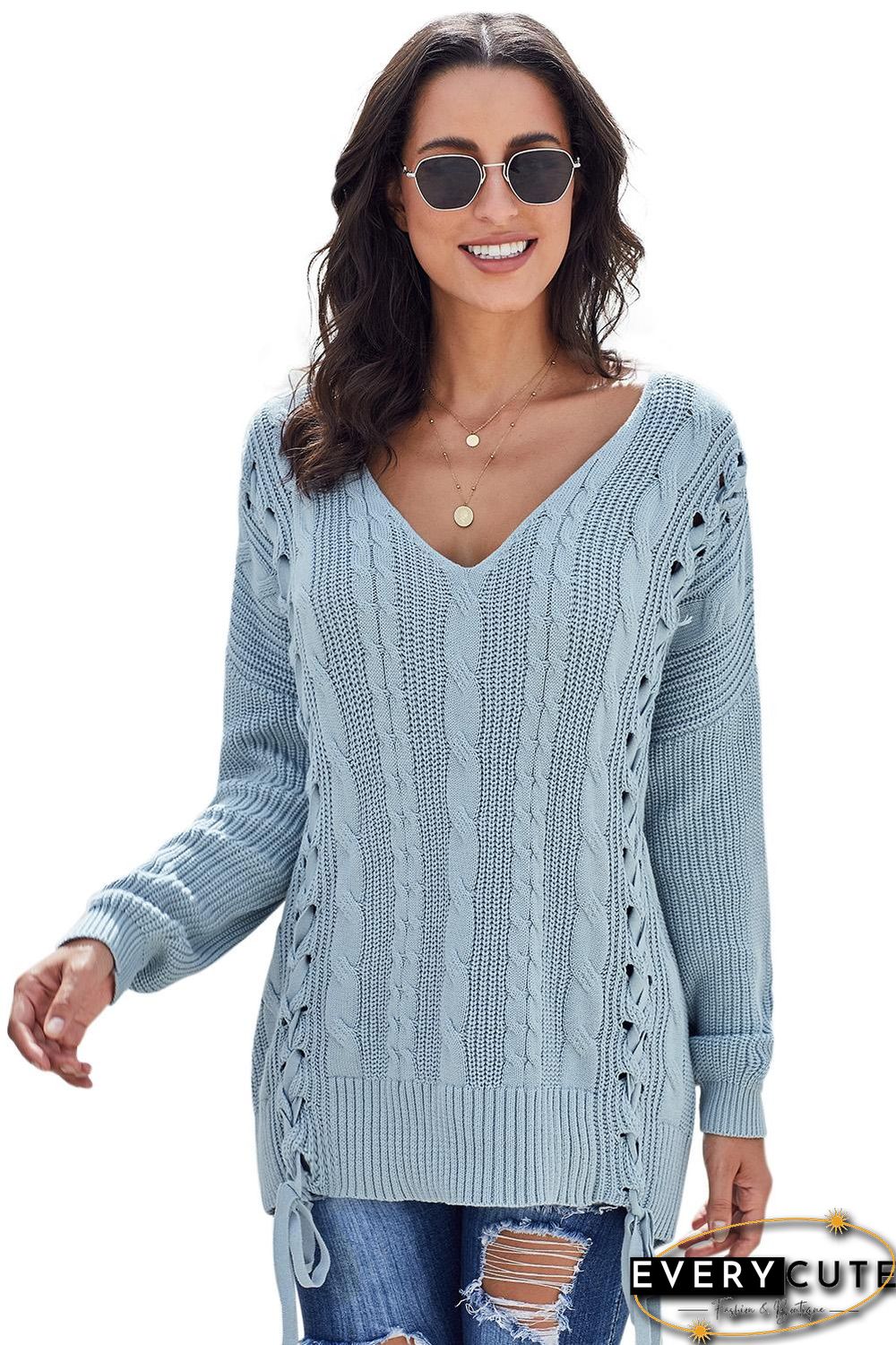 Sky Blue Love Letters Cable Knit Lace Up Sweater