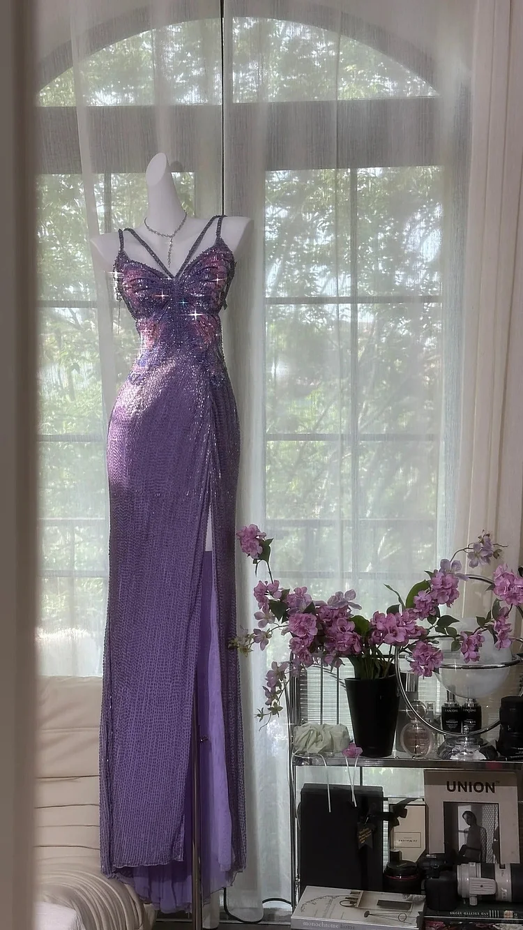 Purple Shiny Gorgeous Luxury Sequin Heavy Spaetti Strap Long Butterfly Decoration Sequin Chiffon Ball Gown Evening Gown Party Dress