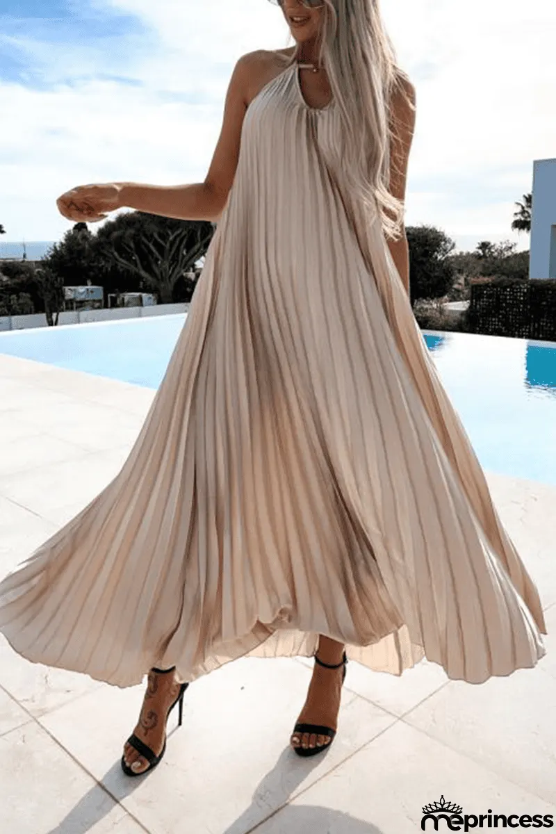 Pleated Halter Neck Backless Maxi Dress