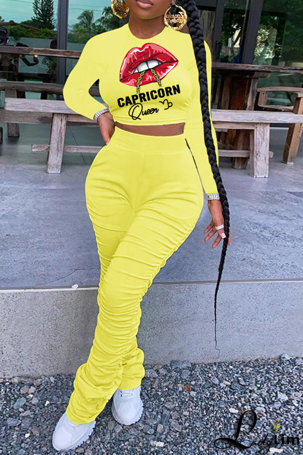 Green Fashion Lips Printed Patchwork O Neck Long Sleeve Two Pieces