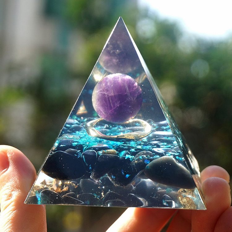 Amethyst Crystal Sphere with Obsidian Orgone Pyramid