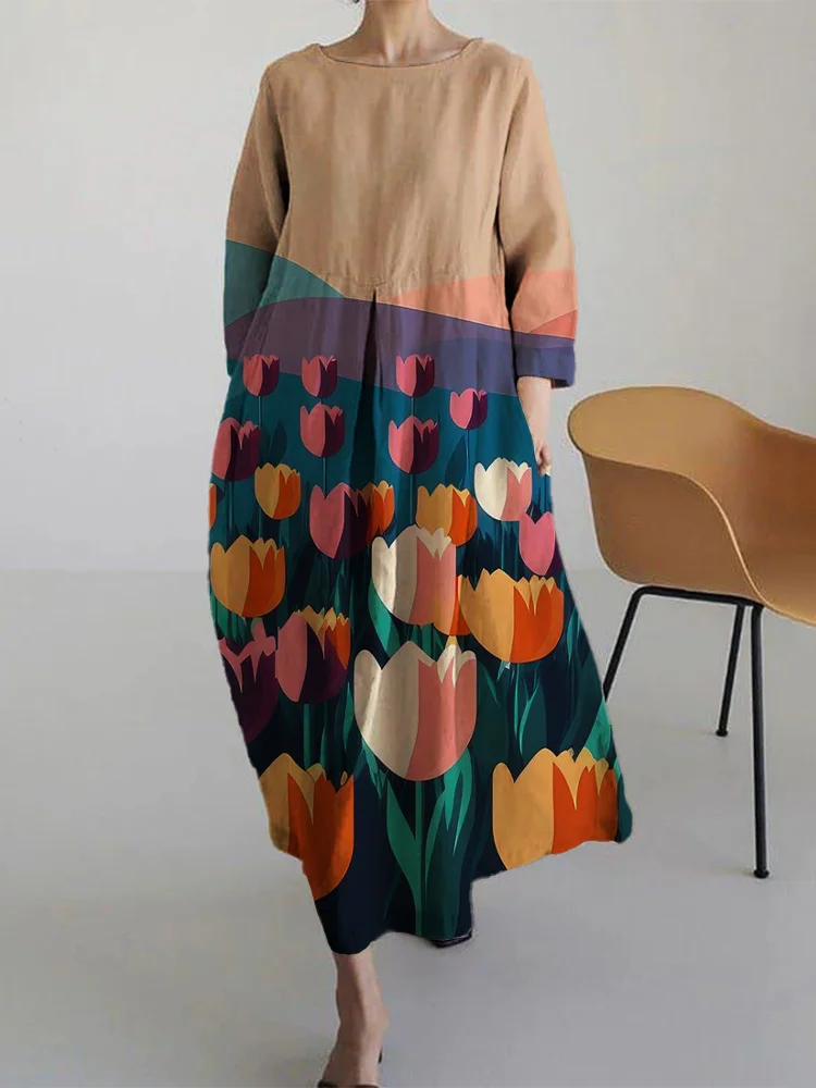 Women's Casual Tulip Print Long Sleeve Midi Dress