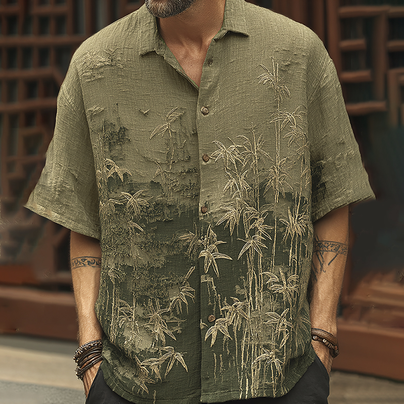Men's Vintage Bamboo Embroidery Short Sleeve Linen Blend Shirt  artssus