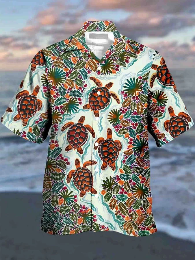 Men's Vintage Turtle Print Hawaiian Short Sleeve Shirt