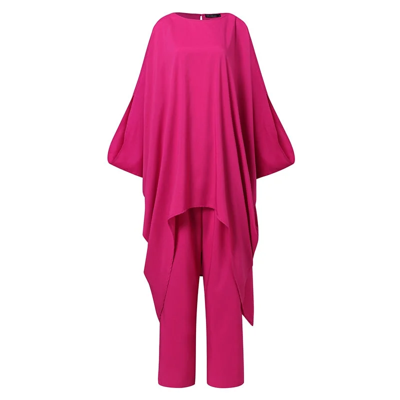 Oversize Solid Matching Sets Women Casual Batwing-Sleeve Irregular Top Elastic Waist Pant Work OL Pant Sets ZANZEA Retro Suits