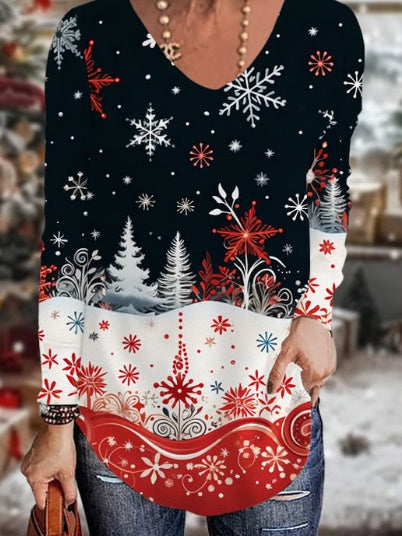 Women's Long Sleeve Scoop Neck Graphic Printed Tops