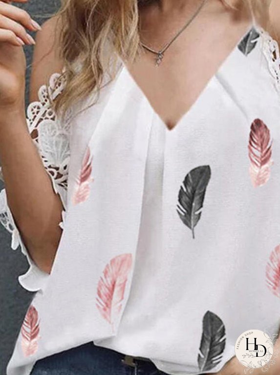 Casual Feather Print V-neck Lace Off-the-shoulder Top for Women