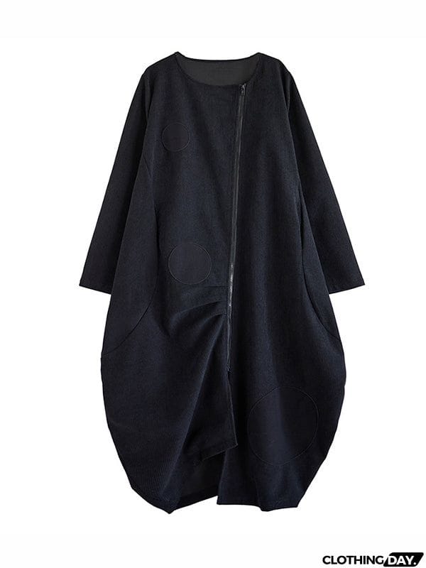 Long Sleeves Loose Asymmetric Pleated Polka-Dot Split-Joint Zipper High-neck Midi Dresses Outerwear