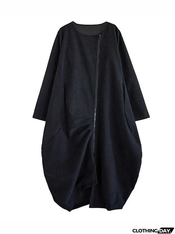 Long Sleeves Loose Asymmetric Pleated Polka-Dot Split-Joint Zipper High-neck Midi Dresses Outerwear