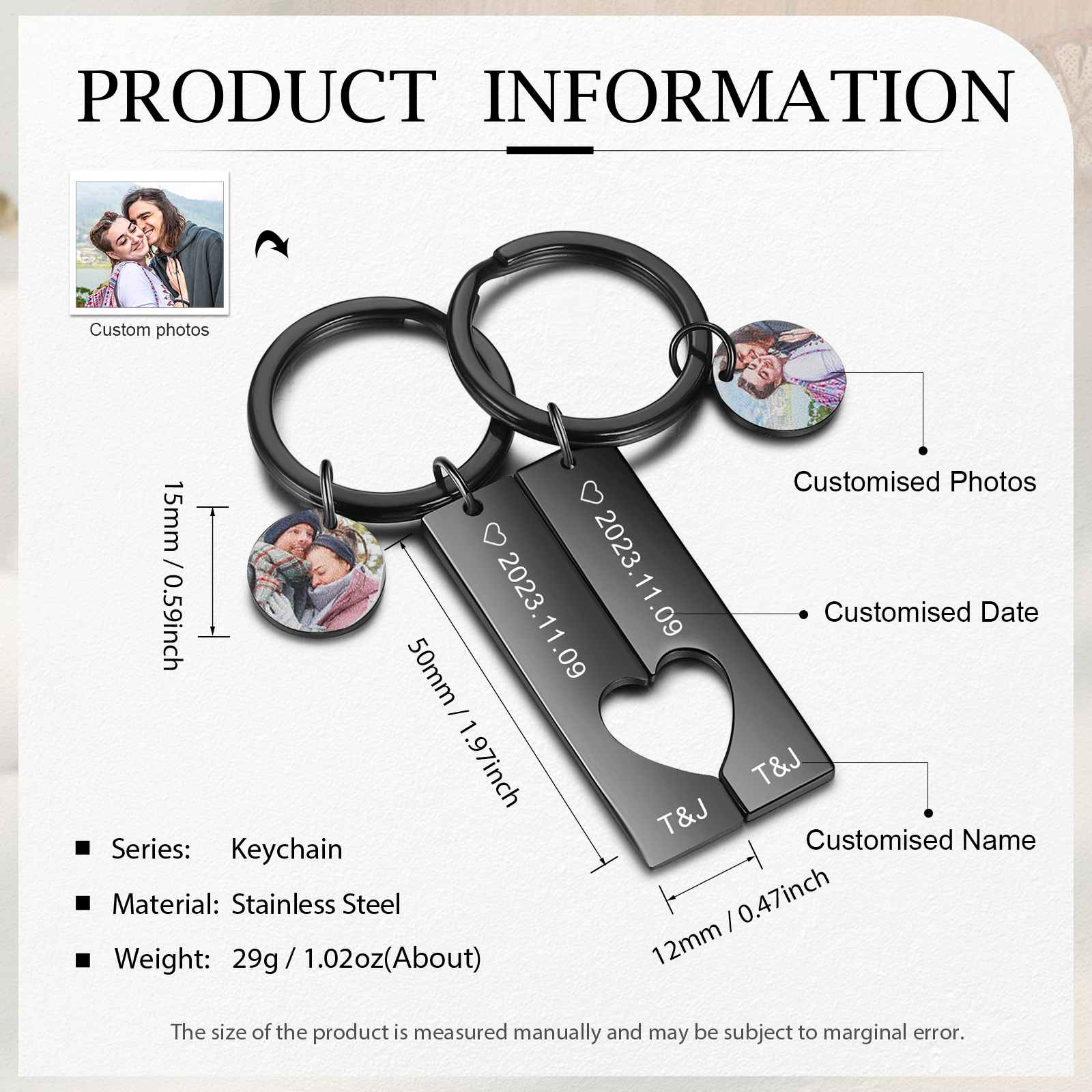 Personalised Couple Keychain Custom 2 Names & 2 Dates & 2 Photos Keyring Matching Couple Gifts Valentine's Day Gift for Him/Her-Jessemade AU