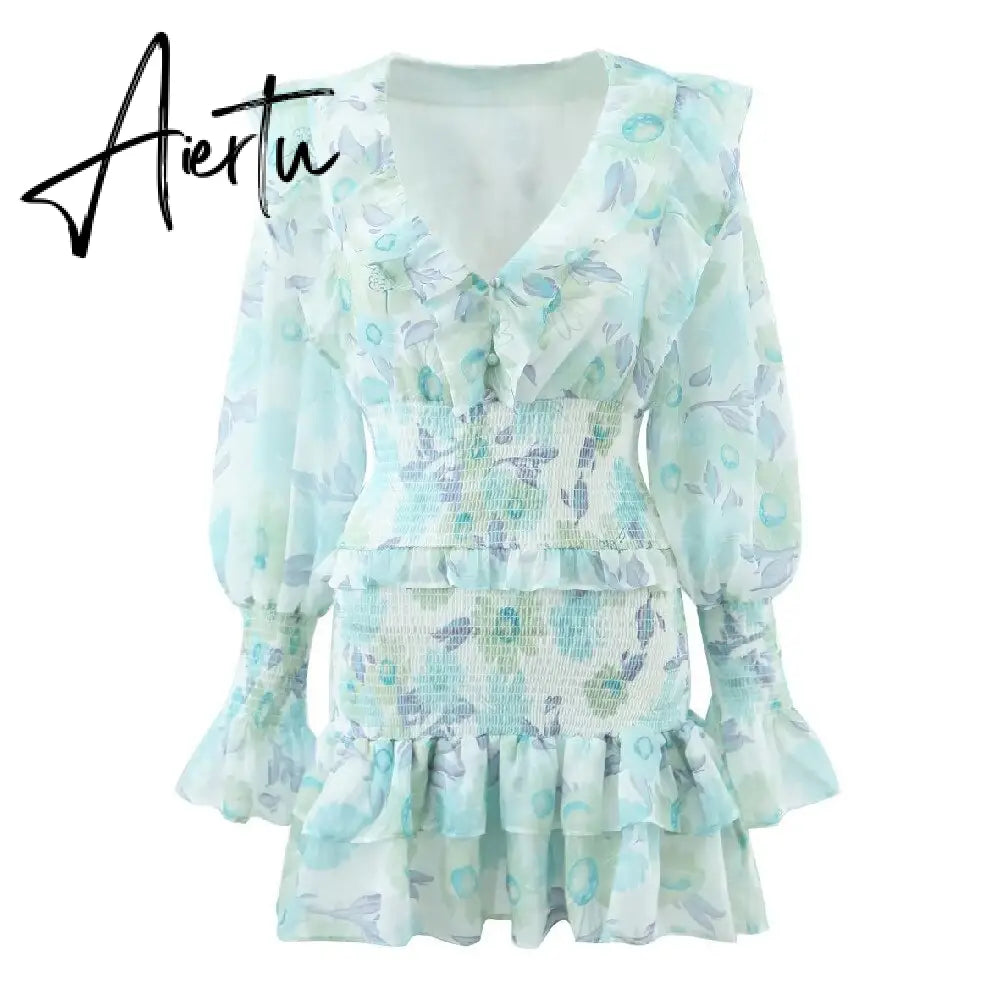 Romantic Full Lantern Sleeve Flower Print Mini Dress Woman Spliced Wood ears Ruffles Hem Elastic Package Hips Holiday Robe Aiertu