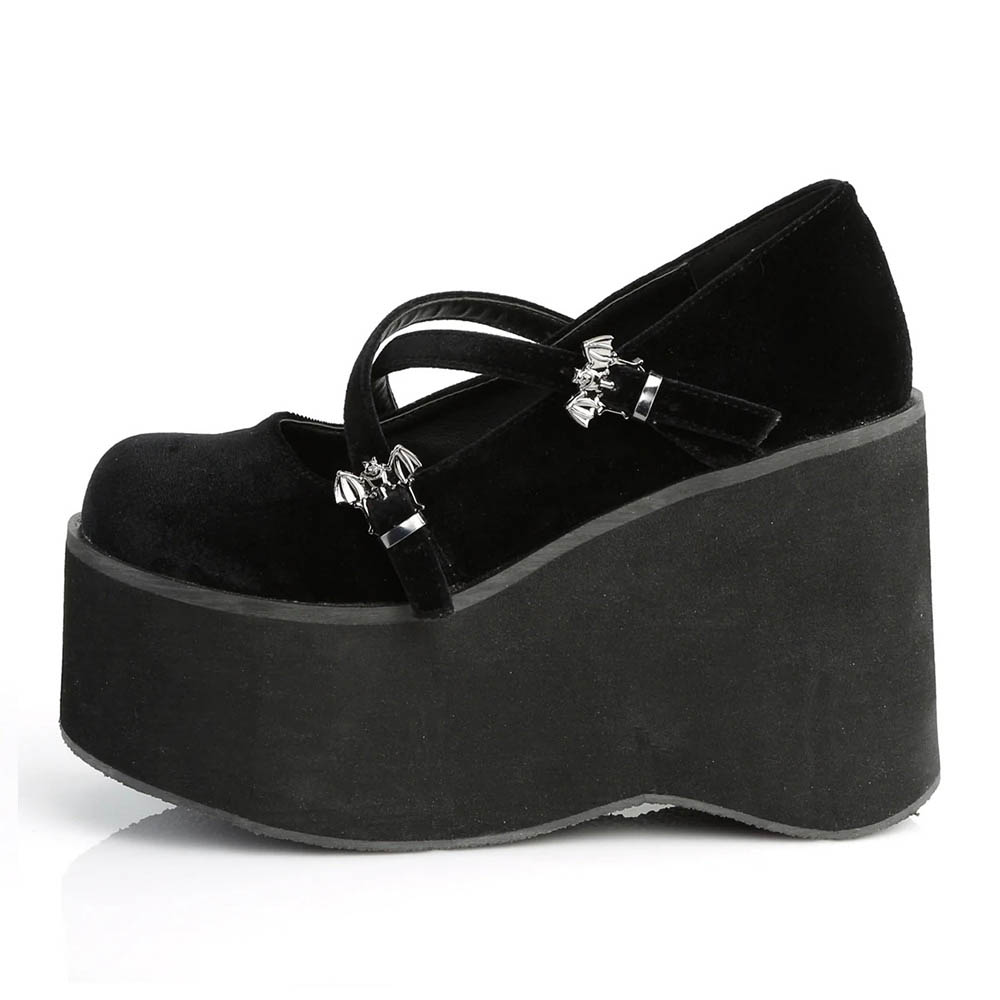 Black Velvet Wedge Heel Cross Strap Bat Buckle Platform Mary Janes Nicepairs