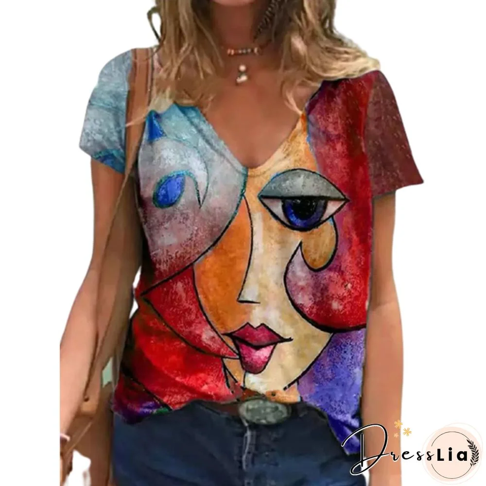 V Neck Tshirt Womens Summer Casual Oversize Print Shirt Tops Loose Vintage Female Tee Streetwear Y2K Short Sleeve Clothes S 5Xl