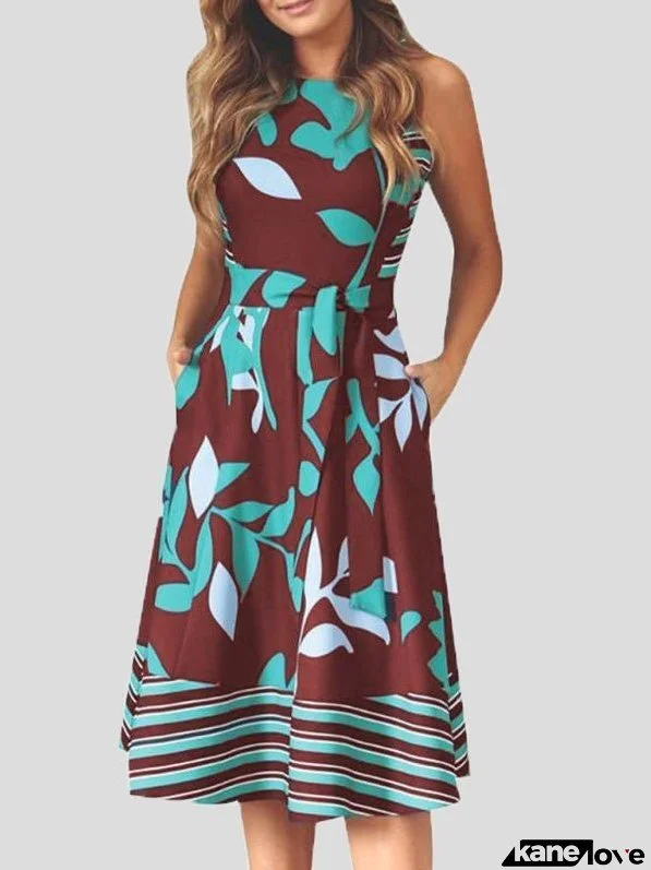 Women's Dresses Round Neck Sleeveless Print Belted Dress