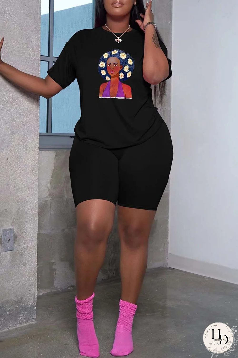 Black Casual Print Basic O Neck Short Sleeve Two Pieces