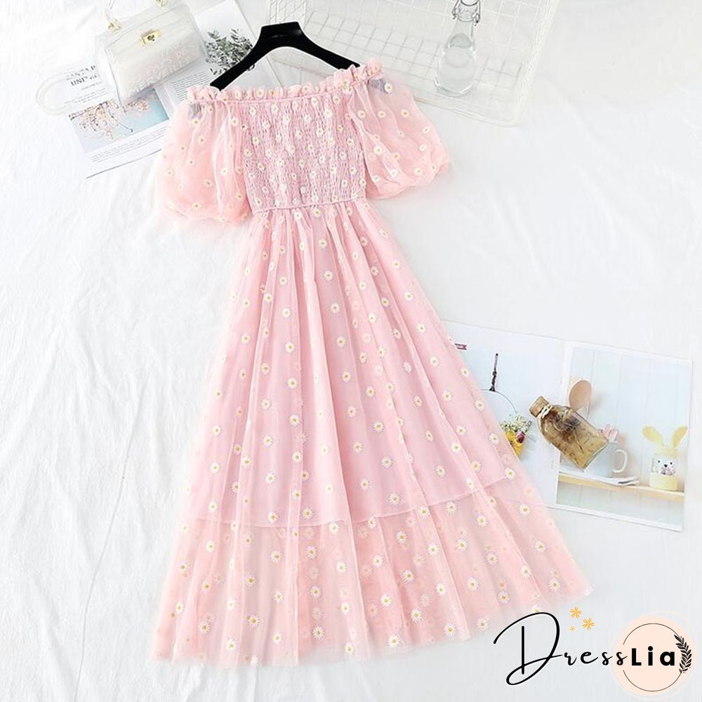Small Daisies Embroidery Mesh Dresses Women Sexy Off The Shoulder French Vintage Party Ruffle Dresses Elegant Vestidos