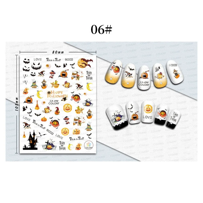 1 Sheet 3D Halloween Nail Sticker Christmas Skull Bone Snake Butterfly Maple Leaf Pattern Decals Manicures 3D Nail Decorations