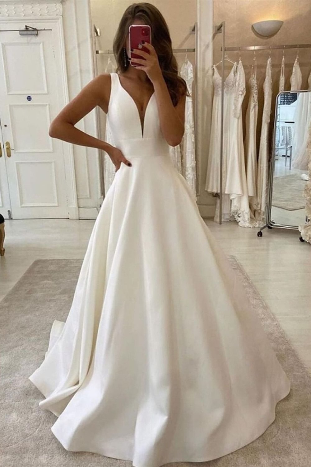 Glamorous Satin Wide Straps V-neck Floor-length A-Line Wedding Dress With Ruffles | Ballbellas Ballbellas