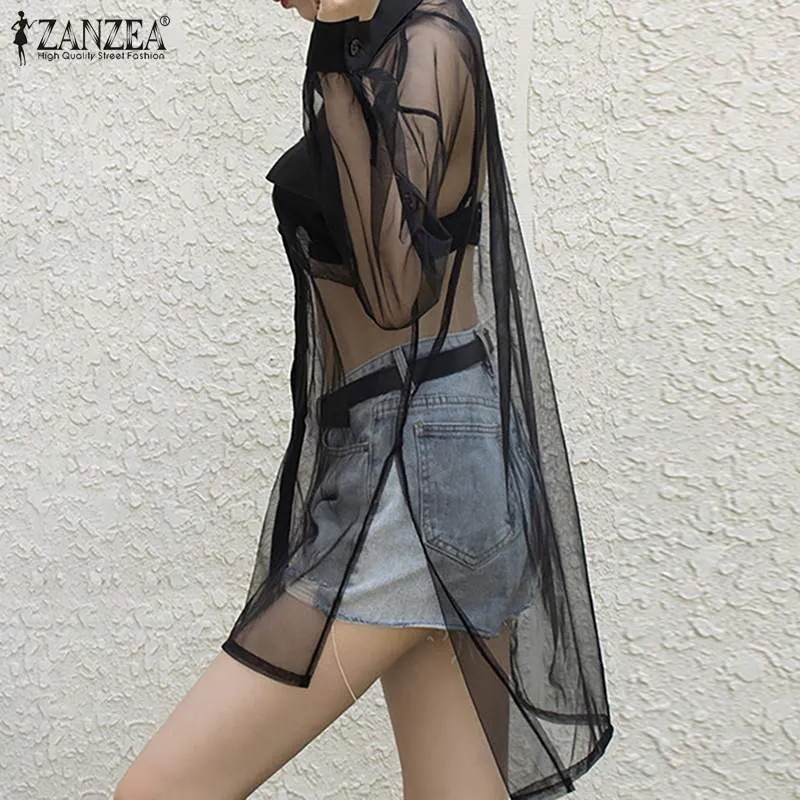 ZANZEA Sexy Women Summer Mesh Sheer Shirt Casual Lapel Neck Long Sleeve Blouse Black Tunic Top Club Chemise See Through Tops