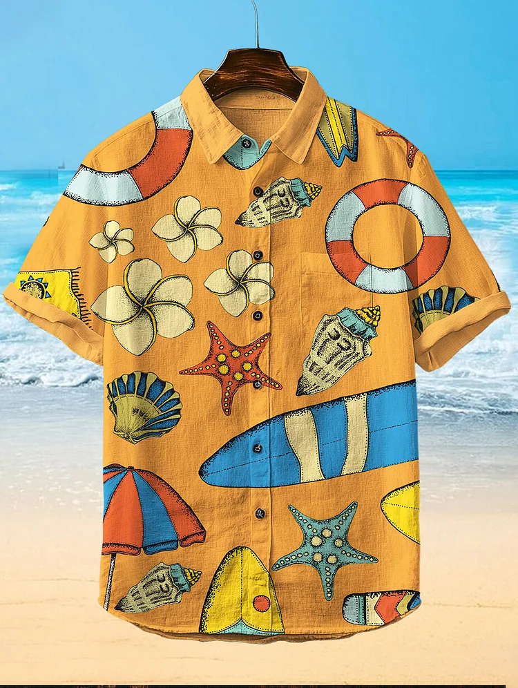 Men's Hawaiian Vacation Starfish Shells Art Print Casual Shirt