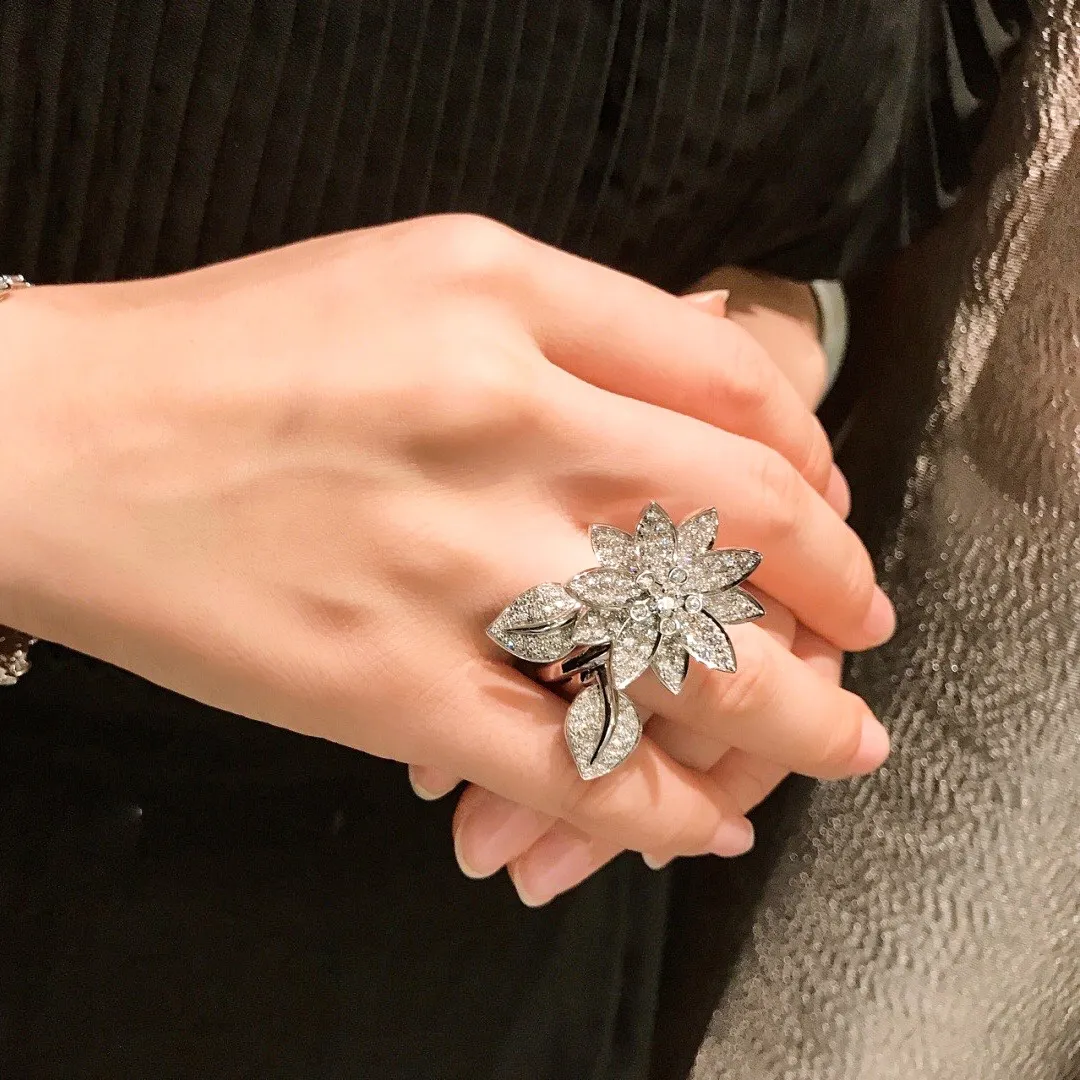 Pure 925 sterling silver high quality hot sell brand female luxury jewelry lotus zircon ring European flower ring jewelry gift