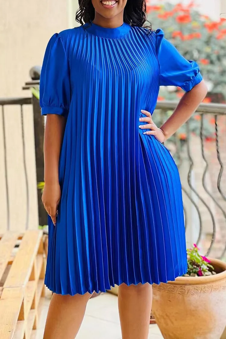 Short Puffy Sleeve Semi High Neck All Over Pleated Mini Dress