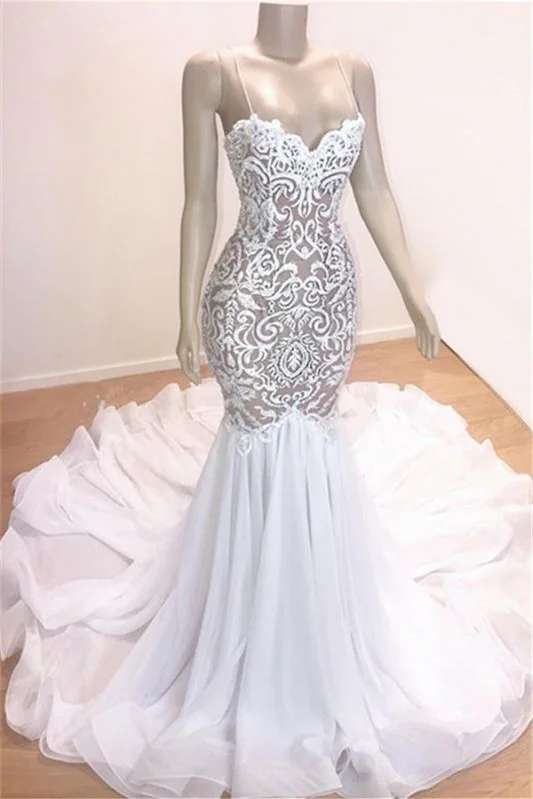 Long Spaghetti-Straps Mermaid Wedding Dress With Lace | Ballbellas Ballbellas