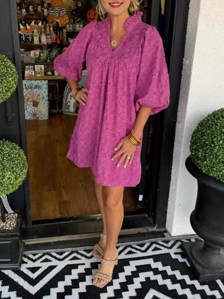 WOMEN'S Lace PUFF SLEEVE LEAF JACQUARD MINI DRESS
