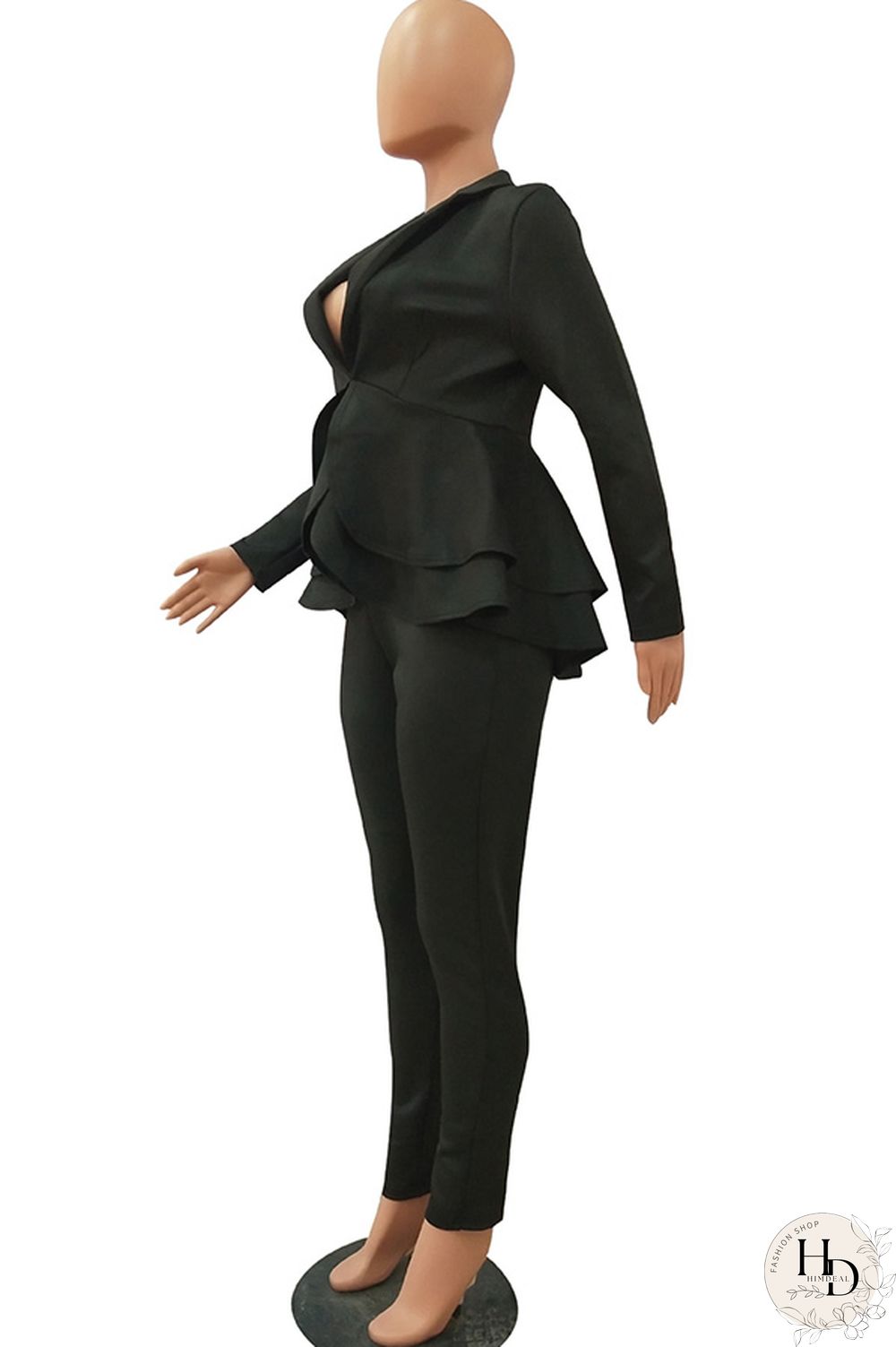 Black Casual Two Piece Suits Patchwork ruffle Solid pencil Long Sleeve