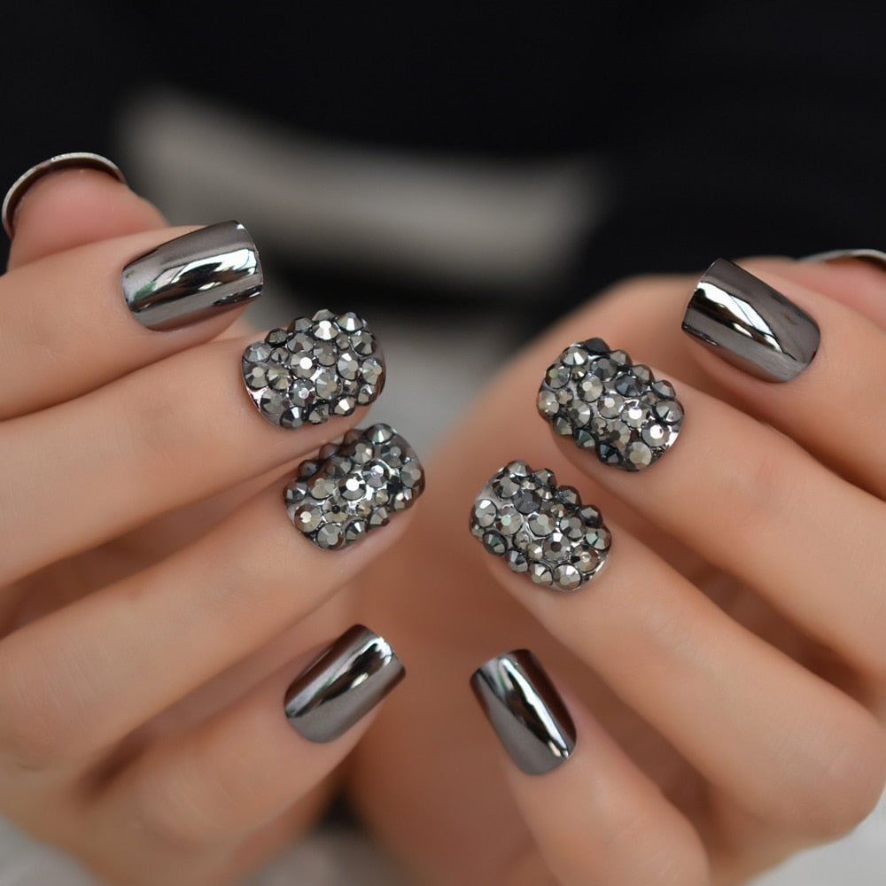 Fake Diamond Rhinestone With Short Nail Squoval Black Mixed Nail Supplies For Professional Full Cover Color Optional Fingernail