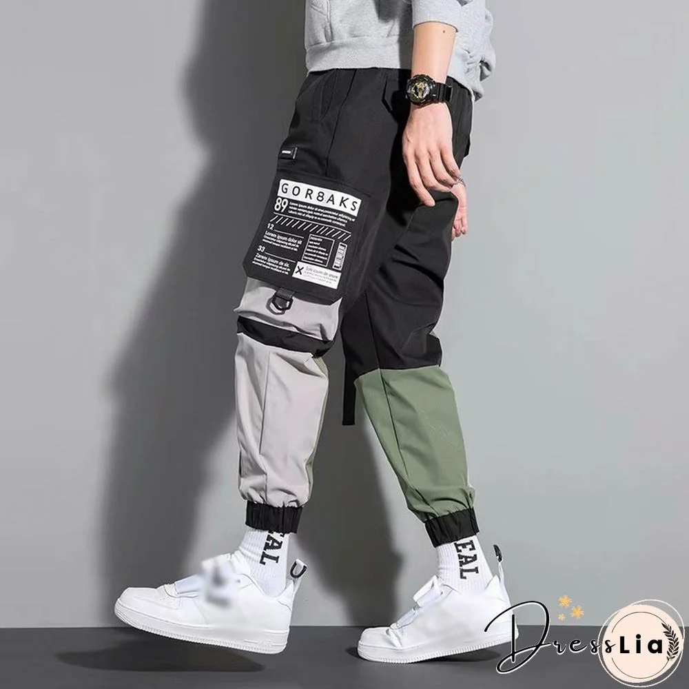 Contrasting Color Casual Functional Pants