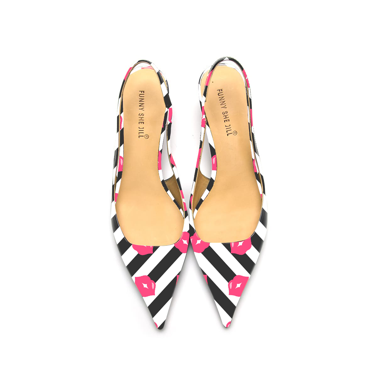 Black And White Stripes Patent Leather Pointed Toe Elegant Kitten Heel With Lip Pattern
