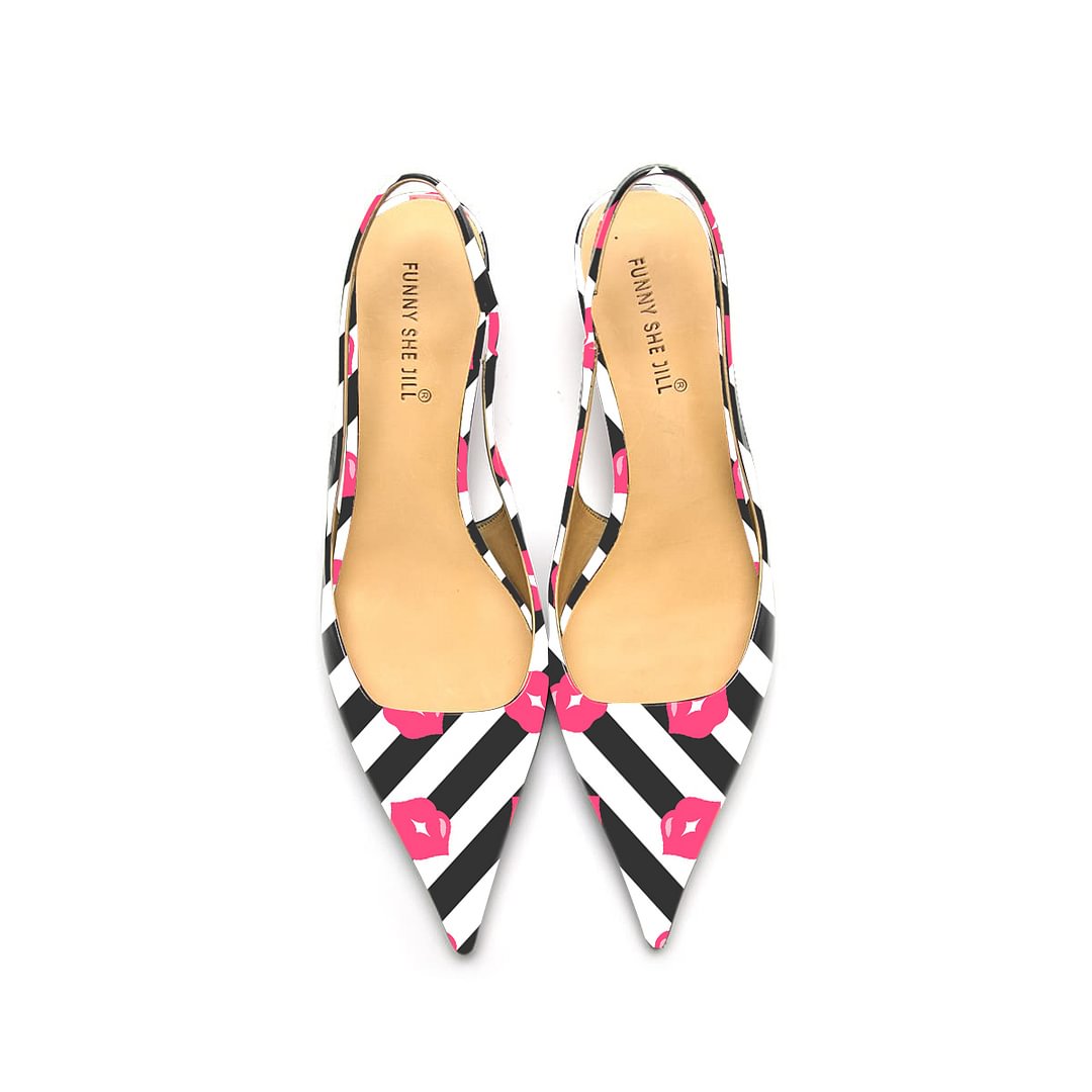 Black And White Stripes Patent Leather Pointed Toe Elegant Kitten Heel With Lip Pattern Nicepairs