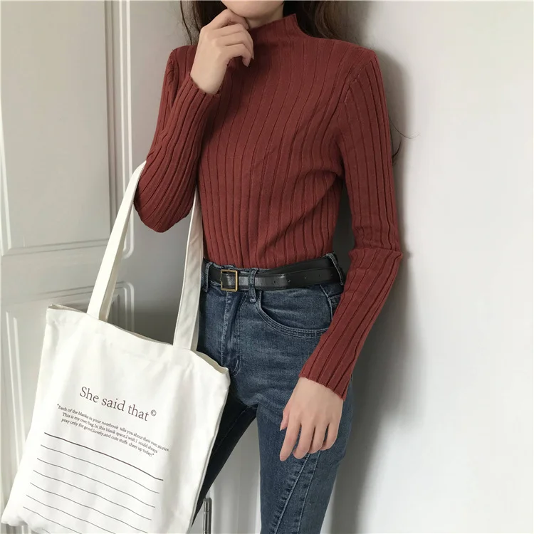 Uveng Uveng Winter Half-High Sweater Women Long Sleeve Pure Color Spring And Autumn Pit Stripe Loose Knitted Bottom Shirt