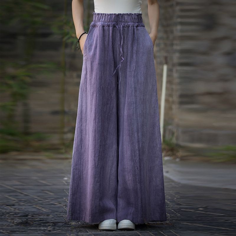 Original Elastic Waist Linen Hand-dyed Tie Waist Mid-rise Loose Wide-leg Pants